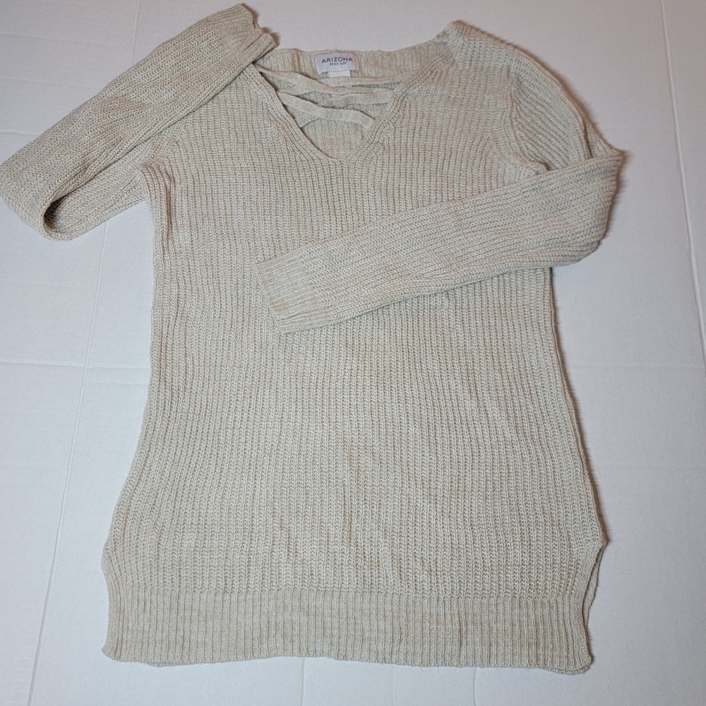 💚 Arizona Jean Co Long Beige Sweater With Criss Cross Neckline‎ Size XS